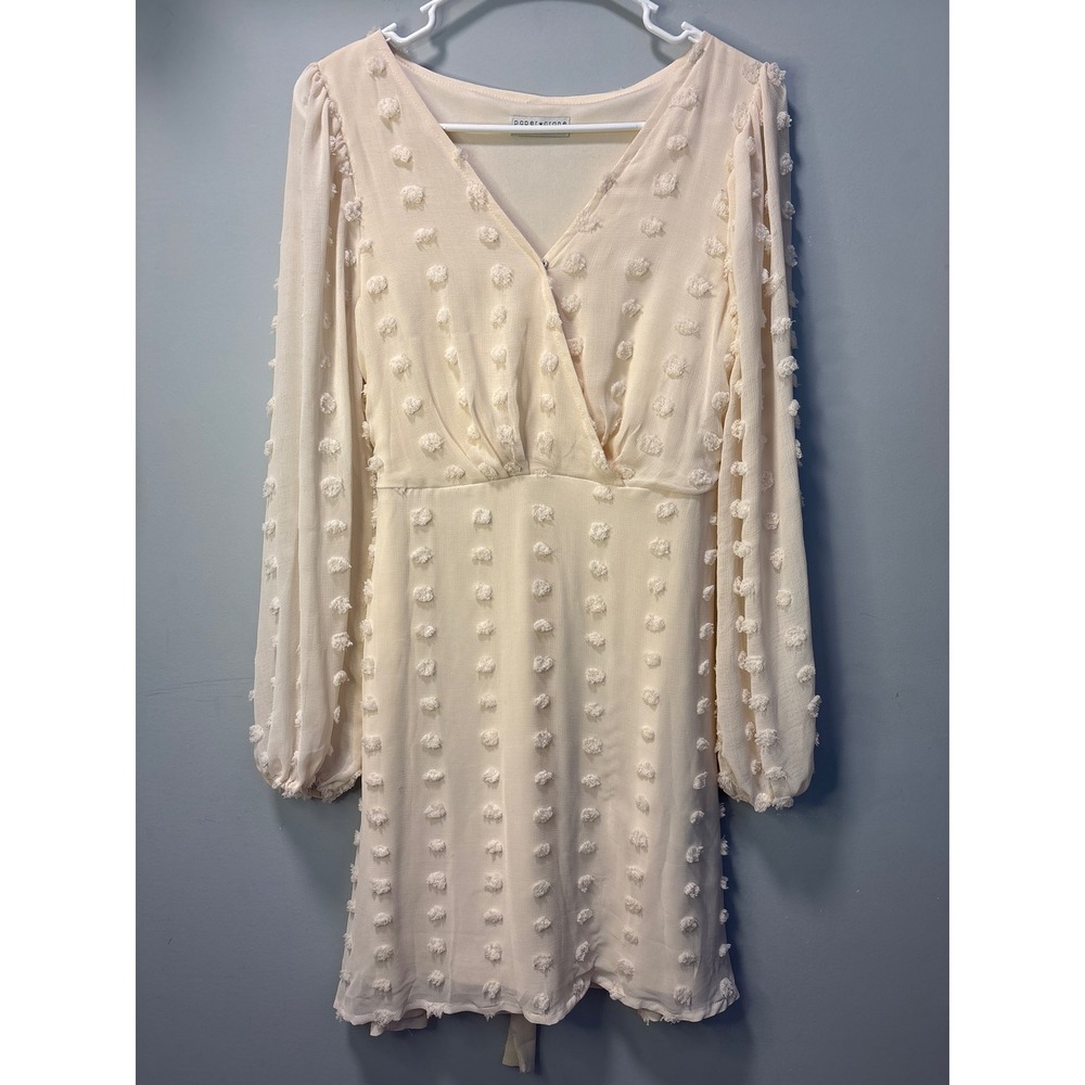 Paper Crane Cream Swiss Dot Pom Pom Long Balloon Sleeve V-Neck Mini Dress Medium